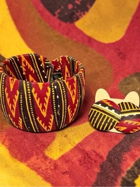 Handcrafted Red & Black Patterned Fabric Bangle Bracelet